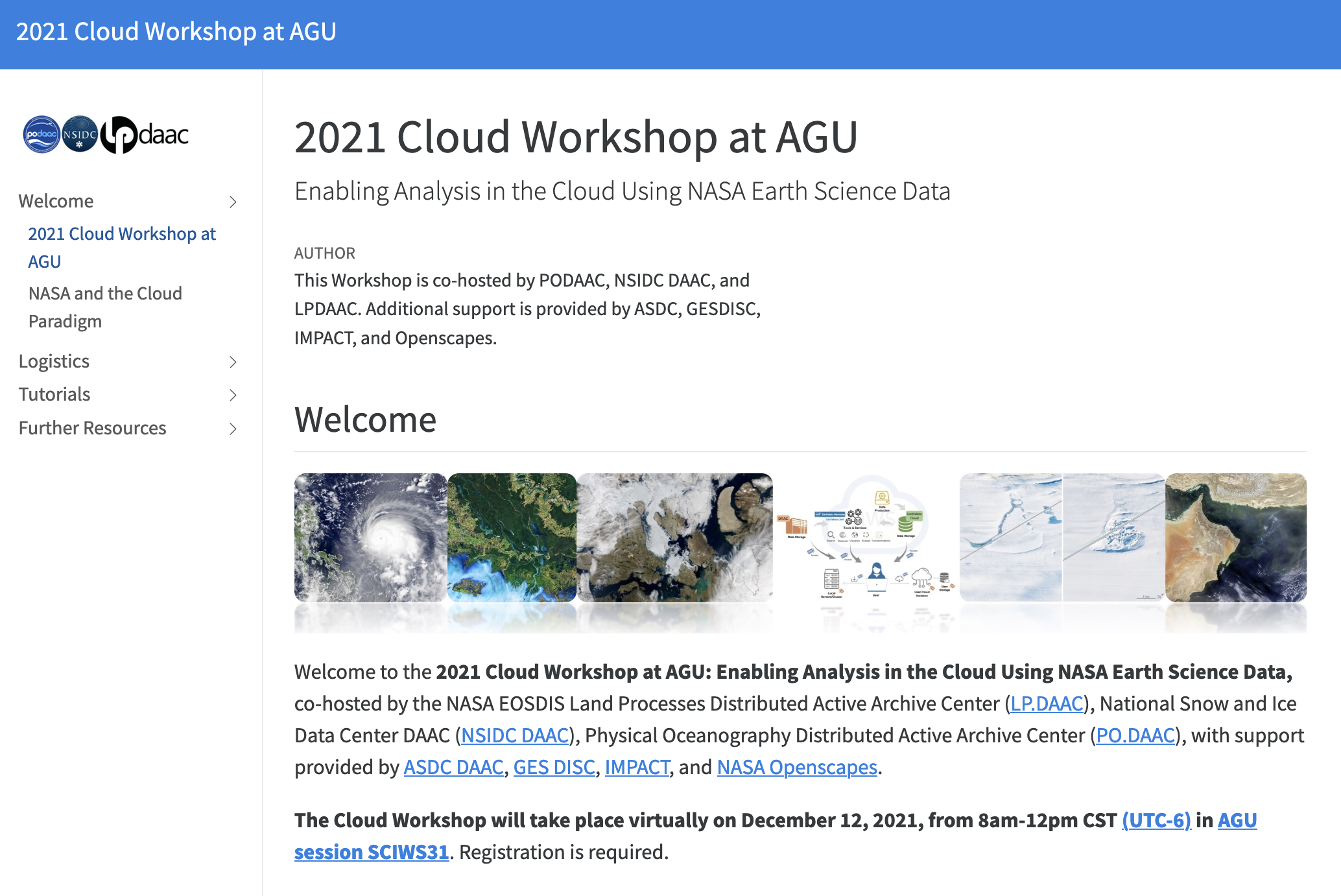 Screenshot of Quarto site for a NASA workshop learning event