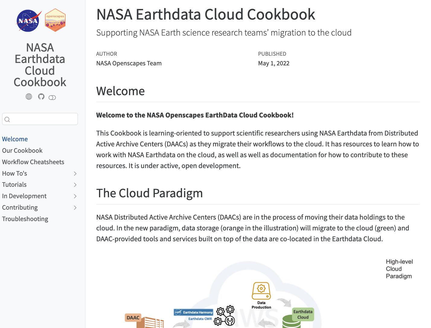 Screenshot of Quarto site for a NASA Cloud Cookbook