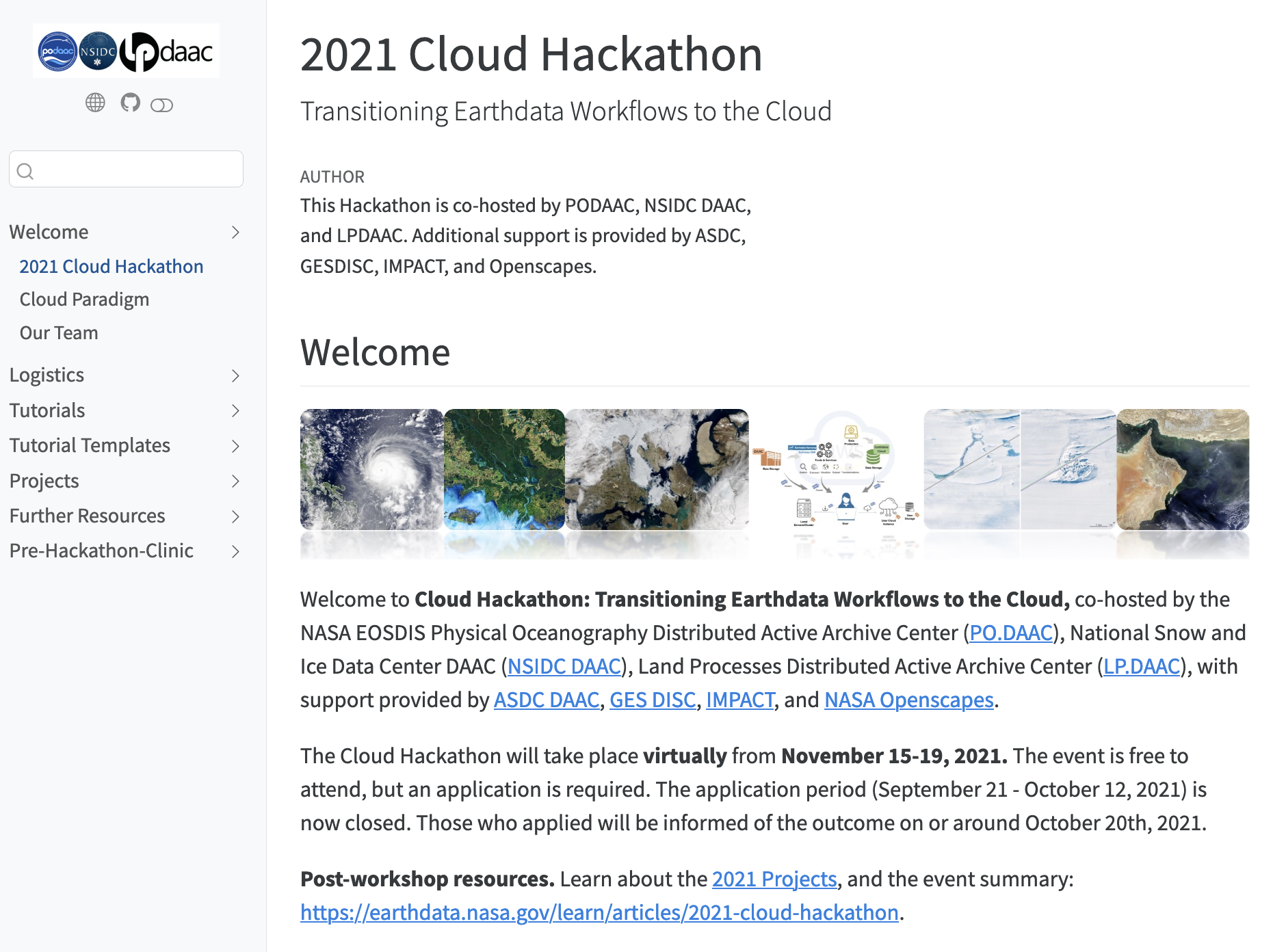 Screenshot of Quarto site for a NASA hackathon learning event