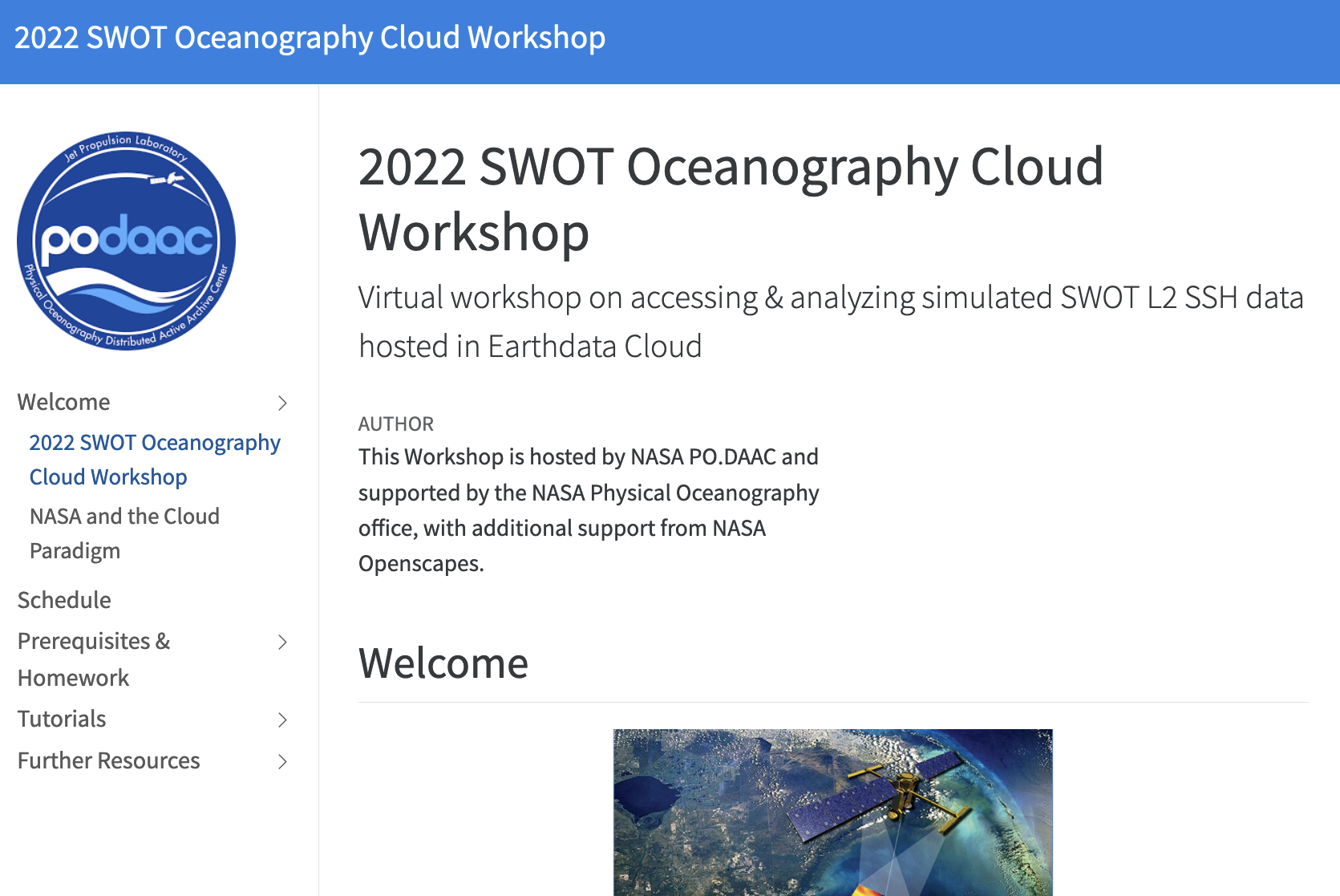Screenshot of Quarto site for a NASA workshop learning event