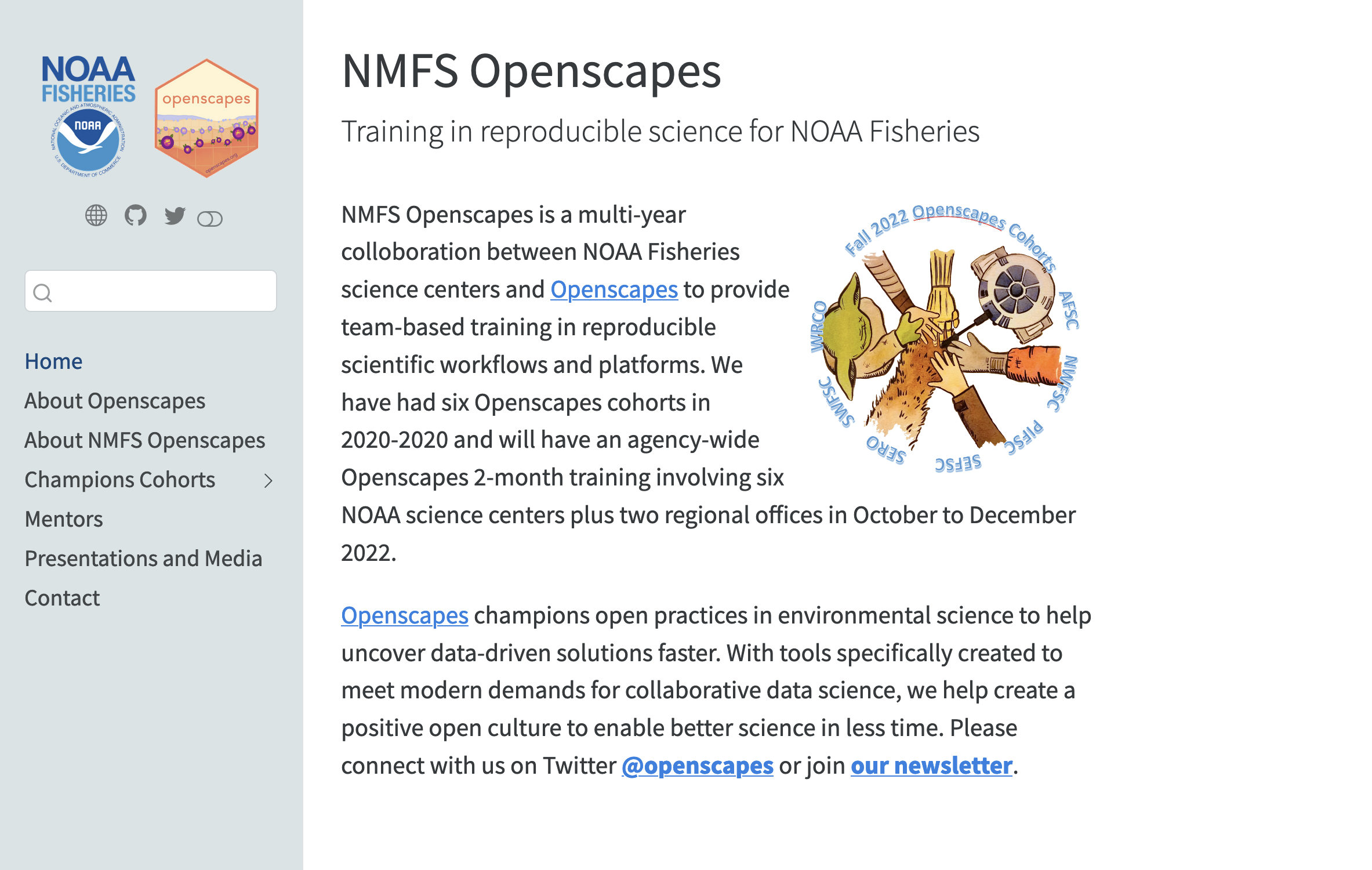 Screenshot of a Quarto site that is community building and teaching platform for NOAA Fisheries