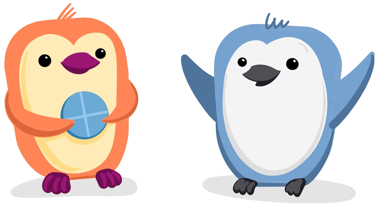 Two penguins. The orange one is holding the Quarto logo. The blue one is looking at the orange one.