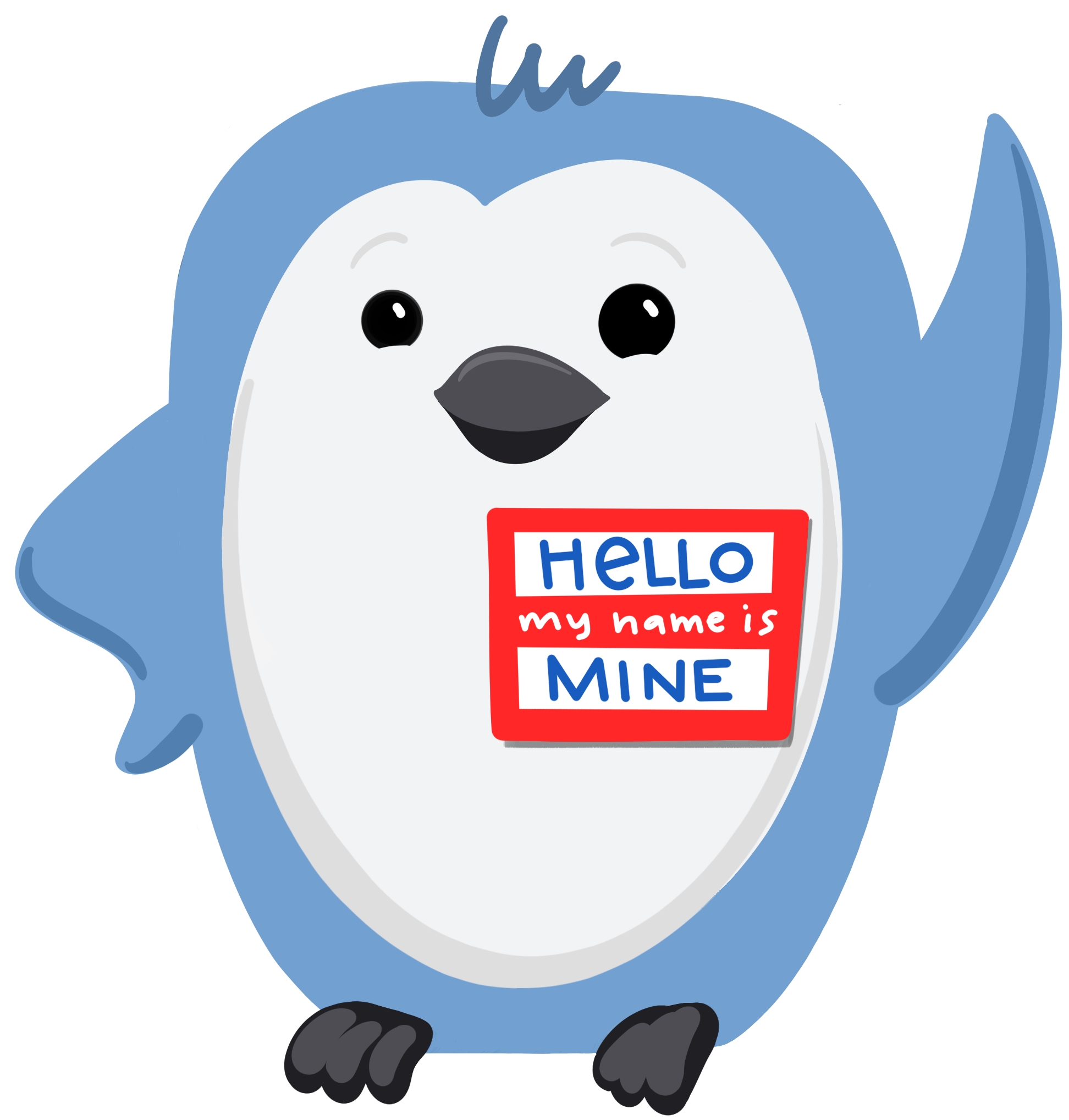 Penguin with nametag that says "Mine"
