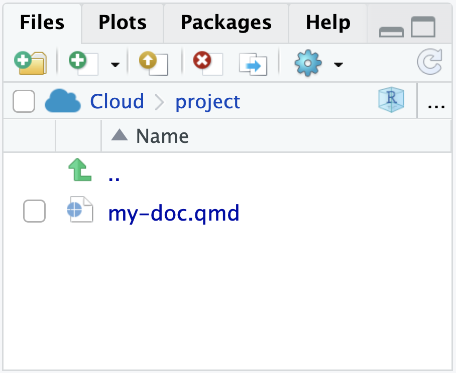 Files panel in RStudio showing only my-doc.qmd.
