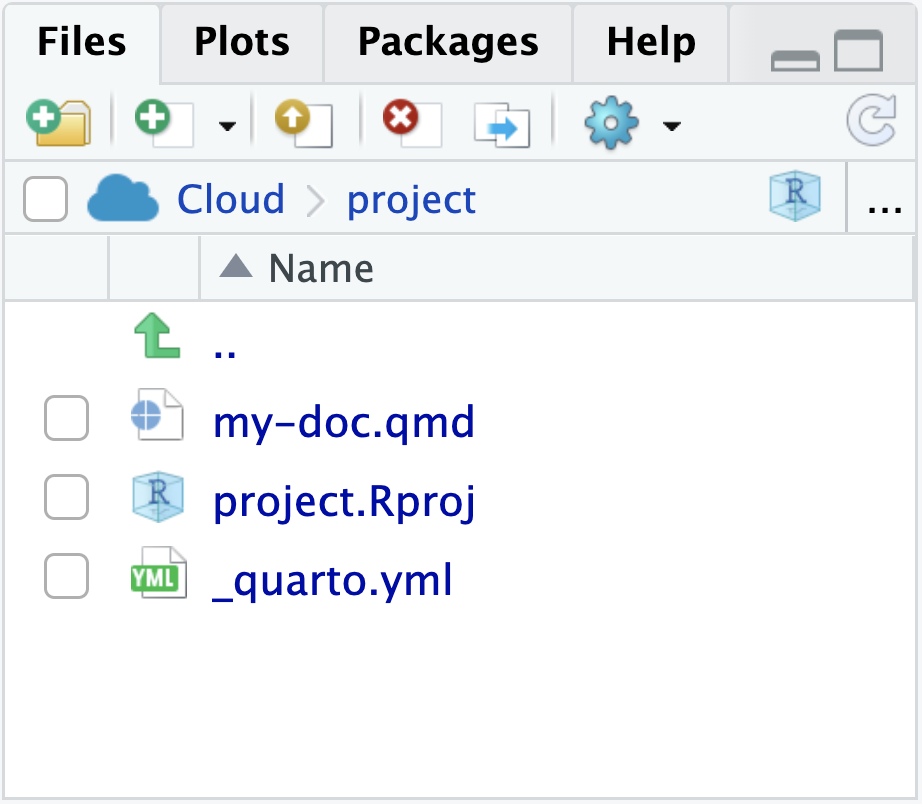 Files panel in RStudio showing my-doc.qmd, _quarto.yml, and an .Rproj file.